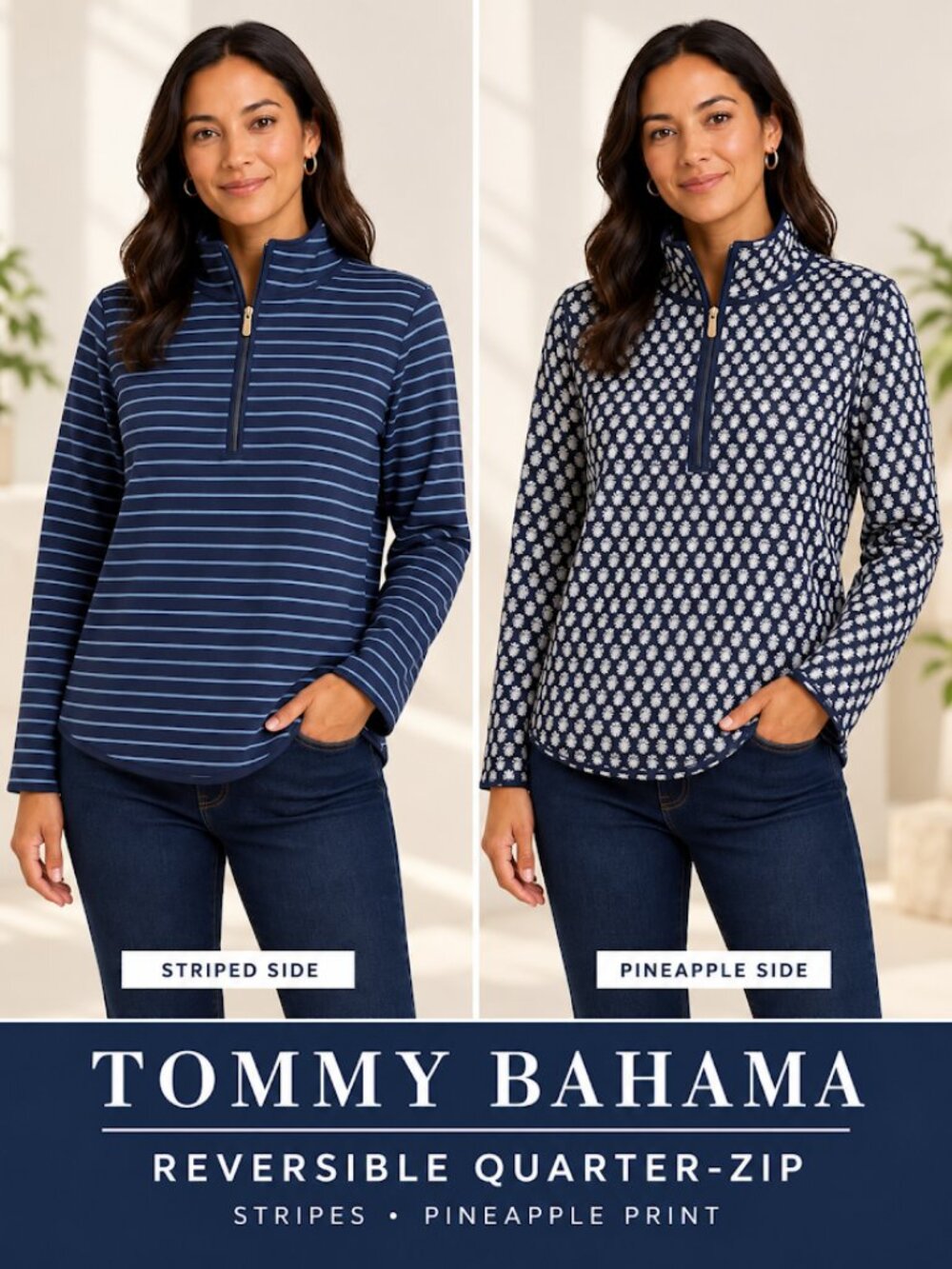 Tommy Bahama Women's Reversible Quarter-Zip Pullover Stripes & Pineapples
